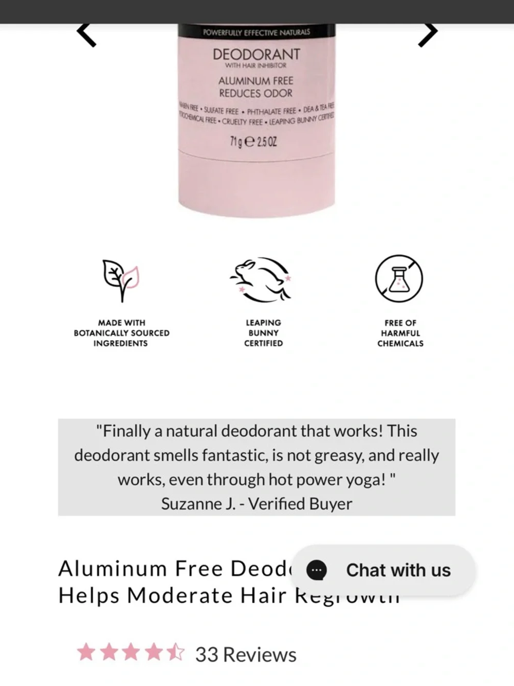 NEW 2.5oz whish Aluminum-Free Deodorant Stick in Pale Pink